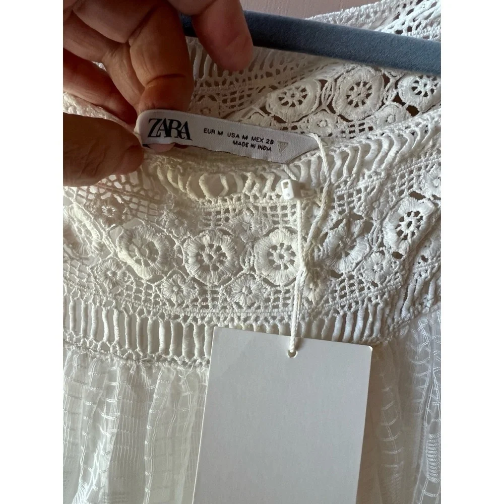 Zara Women's Off White Babydoll Tiered Lace Mini Dress NWT M #1071 - Picture 7 of 9